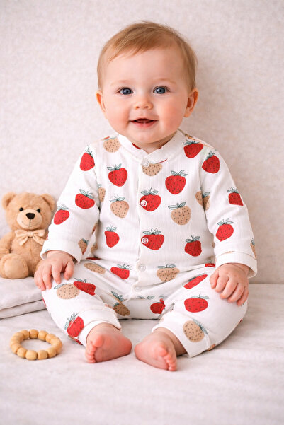 Zıbzıb baby %100 Pamuk Yenidoğan Çilek Baskılı Çıtçıtlı Bebek Tulum Hastane Ç...
