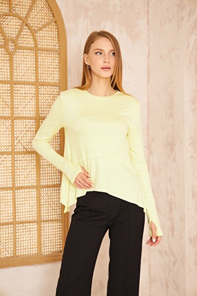Pasaklı Giyim Γυναικεία Παστέλ Κίτρινη Μπλούζα με Λεπτομέρεια Γαντιών στα Δάχ...