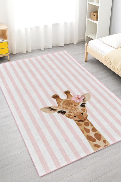 Home Pembe Çizgili Zürafa Desenli Yıkanabilir Kaymaz Taban Halı