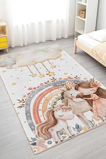Home Unicorn Desenli Renkli Çocuk Odası Halısı - Yıkanabilir Kaymaz Taban Halı
