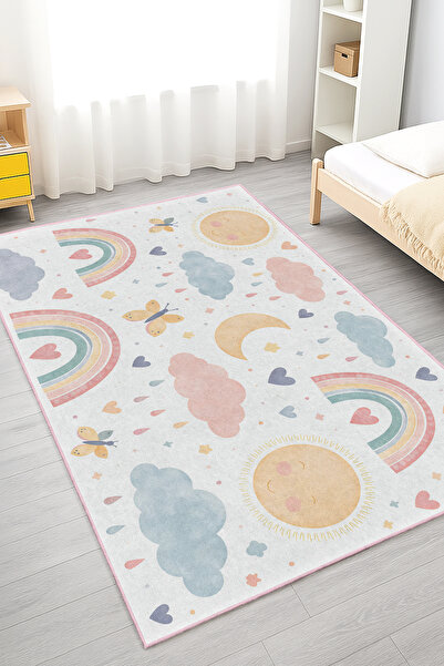Home Pastel Renkli Gökyüzü, Bulut ve Güneş Desenli Yıkanabilir Kaymaz Taban Halı