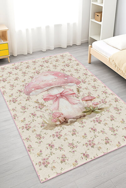 Home Pembe Şapkalı Mantar Desenli Yıkanabilir Kaymaz Taban Çocuk Odası Halısı