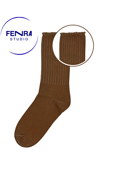 FENRA STUDIO Γυναικείες βαμβακερές κάλτσες χωρίς ραφές σε καφέ χρώμα με βολάν