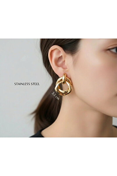 stainless steell gold renk düğüm halka model sallantılı çelik küpe