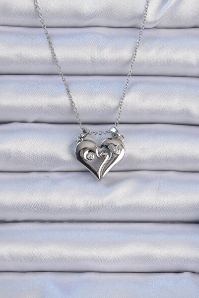 Skygo 316L Steel Chain Silver Color Zircon Stone Magnet Heart Necklace - Tj-B...