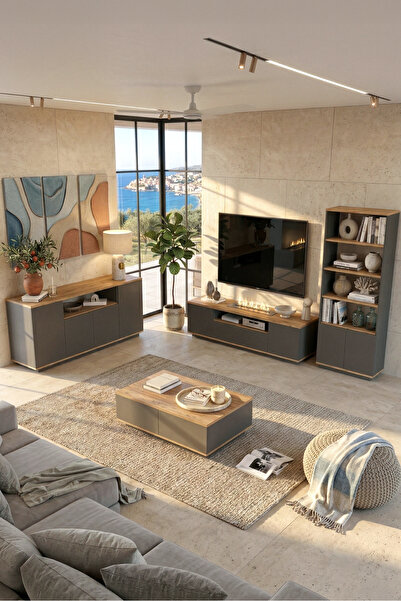 Yurudesign Future Tv Ünitesi Orta Sehpa Konsol Kitaplık 4'Lü Set Çam-Antrasit...