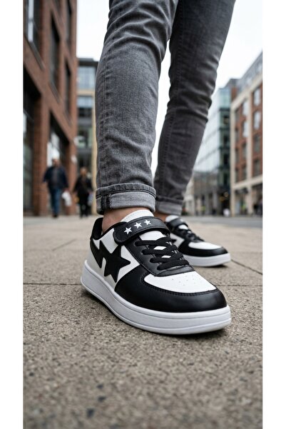 VELLINA Children's Black and White Unisex Lace-Up Single Velcro Sneaker Flexi...