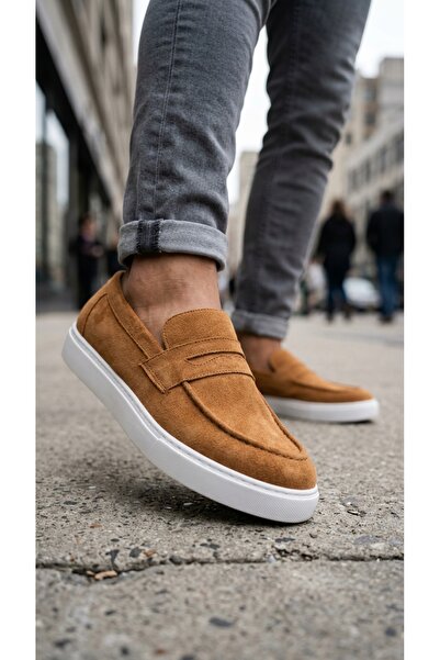 VELLINA Erkek Taba Süet Casual Bağcıksız Loafer Klasik Günlük Beyaz Taban Haf...
