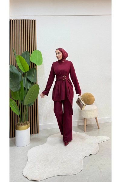 modasusev طقم عصري مزدوج من الملابس المحجبة بتصميم مميز وحزام خصر أنيق