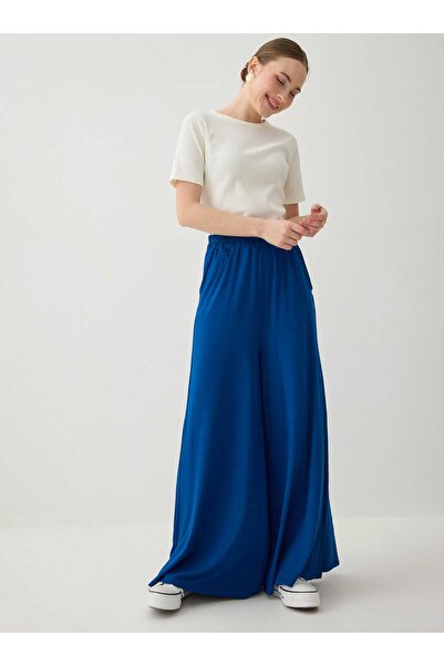 Benin Παντελόνι από ύφασμα βισκόζης με ελαστική μέση - Ναυτικό μπλε -