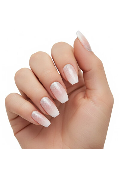 EDA LUXURY BEAUTY 24'lü Natürel Pembe Beyaz Simli Ombre French Takma Tırnak L...