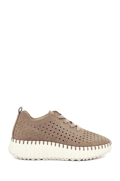 Derimod Women's Mink Lace-Up Thick Sole Patterned Suede Comfort Shoes 26Pfe47...
