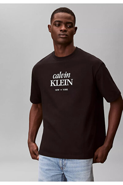 Calvin Klein Men's Crew Neck Lettering Patterned Short Sleeve Black T-Shirt