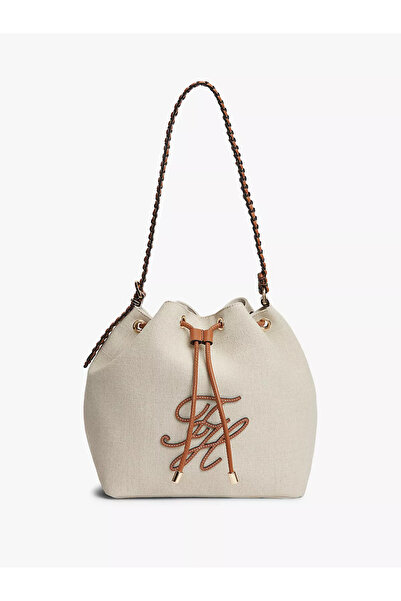 Tommy Hilfiger Women's Th Logo Motif Long Strap Linen Beige Shoulder Bag