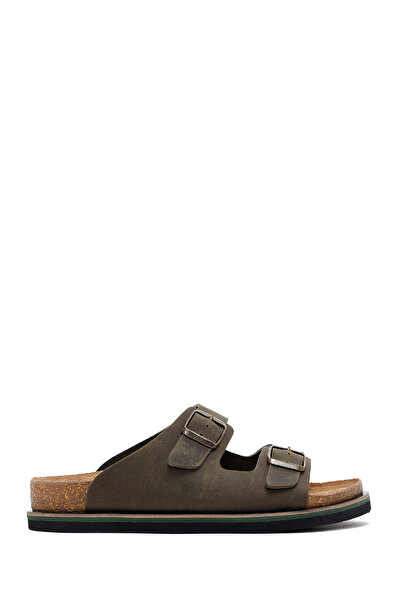 Derimod Men's Khaki Double Buckle Nubuck Leather Slippers 26Sfd6255V3