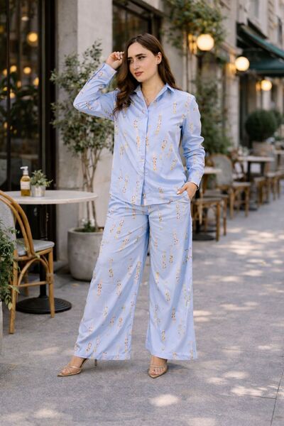 LINELLE Ladies Co-ord Pant Set- Minimal Printed Shirt and Pant with Long Slee...