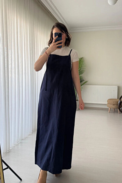 Kubos Moda Strappy Gabardine Navy Blue Salopet Long Dress
