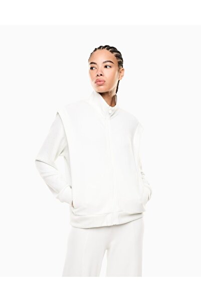 EA7 Women's Modal Interlock Fabric High Collar White Sweatshirt with Stone De...