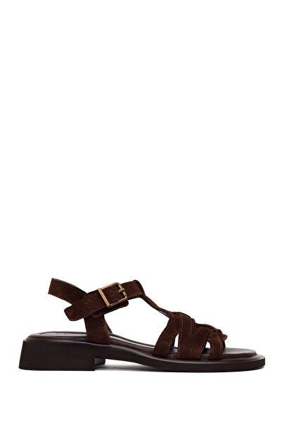 Derimod Γυναικεία δερμάτινα σανδάλια σουέντ με αγκράφα σε καφέ χρώμα 26SFD360910