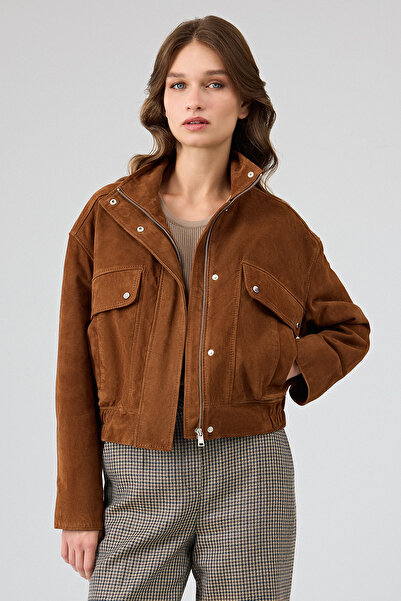 Derimod Anita Women's Brown Oversize Short Suede Leather Coat 25Wgd53301B