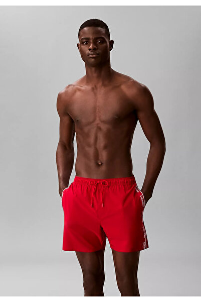 Calvin Klein Men's Regular Fit Red Swim Shorts with Logo Stripes on the Sides