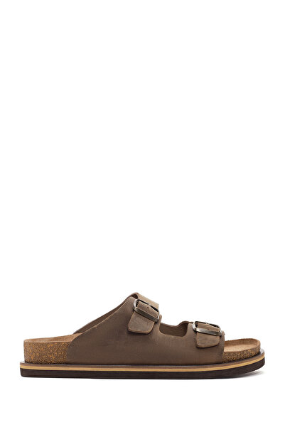 Derimod Men's Beige Double Buckle Nubuck Leather Slippers 26Sfd6255V3
