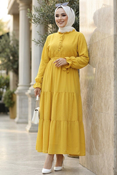 Neva Style Μουστάρδα Hijab Πλισέ Φόρεμα - 14232HR