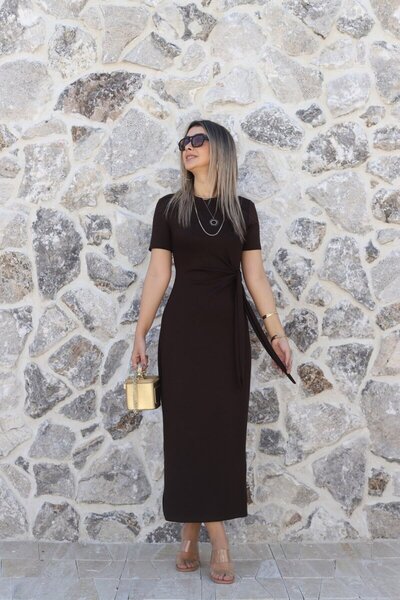 bytugcekaya Καφέ Βασικό Φόρεμα με Πλαϊνά Δεσίματα