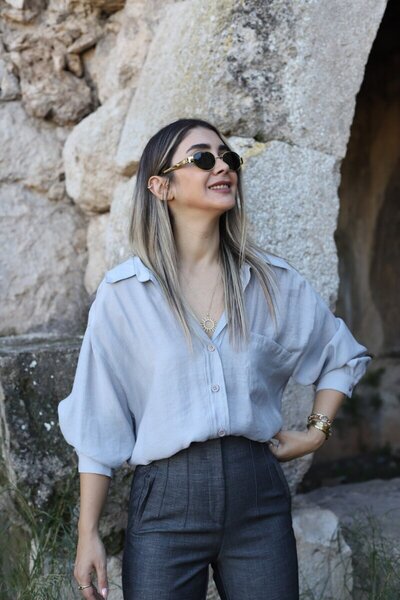 bytugcekaya Gri Viskon Standart Beden Gömlek