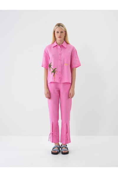 Xint Kadın Pembe %100 Keten Regular Fit Pantolon