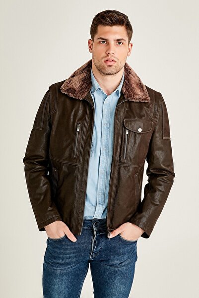 Derimod Angelo Men's Brown Fur Collar Leather Jacket 19Wgd60530M
