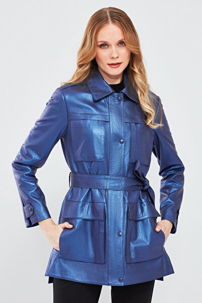 Derimod Anastasia Women's Navy Blue Metallic Leather Coat 24Sgd59431T