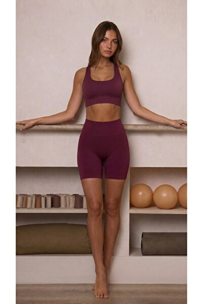 REAL DREAM Kadın Dikişsiz Push Up Spor Şort Toparlayıcı Yüksek Bel - Bordo