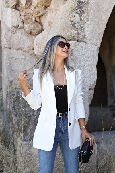 bytugcekaya Beyaz Premium Nervür Detay Blazer