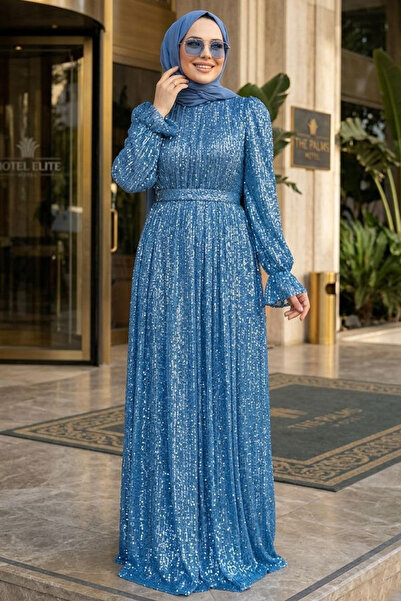 Neva Style Βραδινό φόρεμα Hijab με παγιέτες Indigo Blue 44961IM