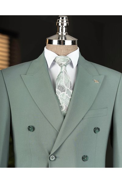 TerziAdemAltun Italian Style S Slim Fit K Double-Breasted Jacket Pants Suit Green T14858