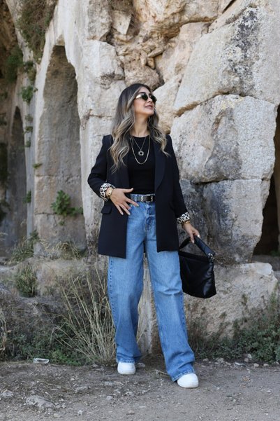bytugcekaya Siyah Leopar Astarlı Şal Yaka Blazer