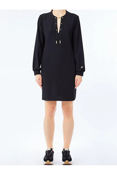 liu.jo Women's Regular Fit Drawstring V-Neck Long Sleeve Short Black Dress