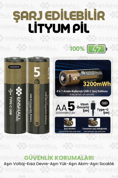 Enshall AA Type-c Şarj Edilebilir Kalın Kalem Pil 1.5V 3200mWh Kapasiteli Lit...