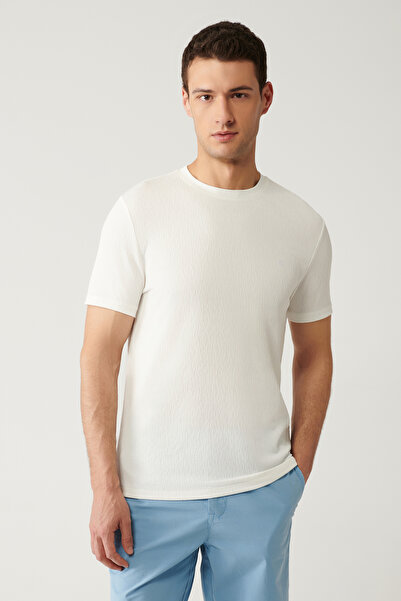 Avva Men's White Crew Neck Jacquard Regular Fit T-Shirt A41Y1322