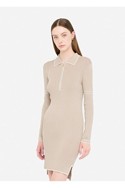 liu.jo Women's Slim Fit Half Zip Polo Collar Long Sleeve Knitted Beige Dress