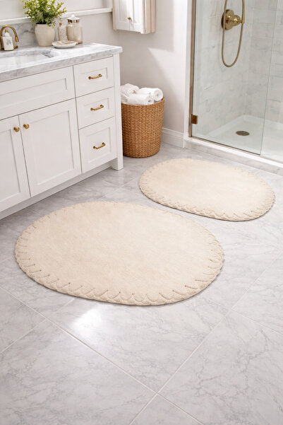 MK HOMETEKS Beyaz Oval Banyo Paspas Takımı 2’li Kaymaz Taban Yumuşak Peluş Bü...
