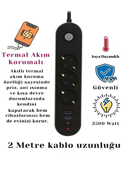 CAILON Termal Akım Korumalı 3lü Priz 2-usb 1-usbc 2Mt Kablo Aç Kapa Anahtar 2...