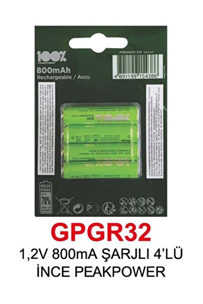 GP 1,2V 800mA ŞARJLI 4’LÜ İNCE PEAKPOWER PİL