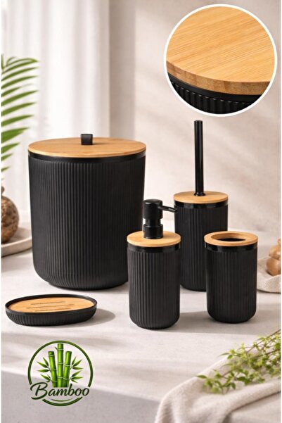 Okyanus Home Linea Bamboo Detailed Black 5-Piece Bathroom Set