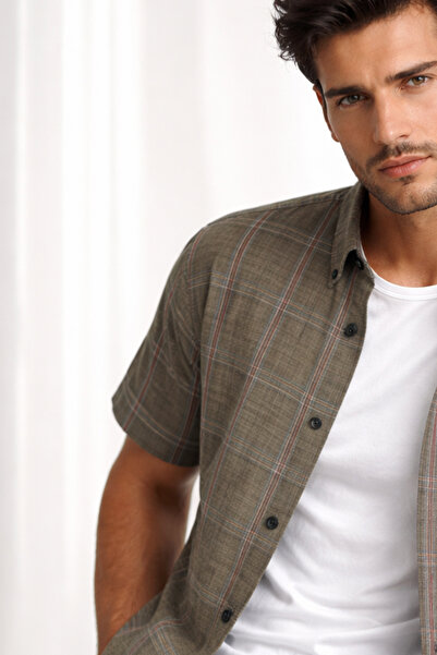 Varetta Πράσινο ανδρικό βαμβακερό πουκάμισο - κοντό μανίκι και τσέπες με καρό