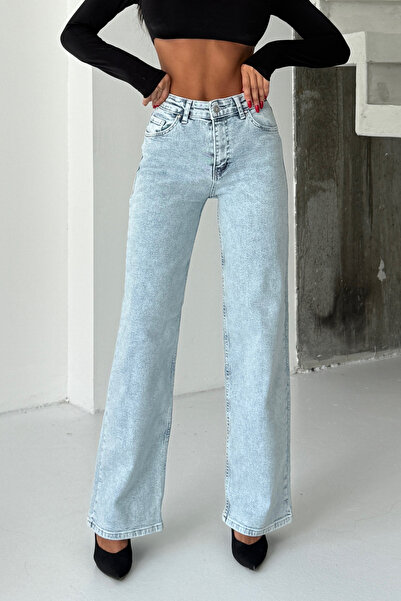 alanora Ανοιχτό μπλε ψηλόμεσο φαρδύ μπατζάκι /Ευέλικτο φαρδύ πόδι/ ελαστικό ύ...