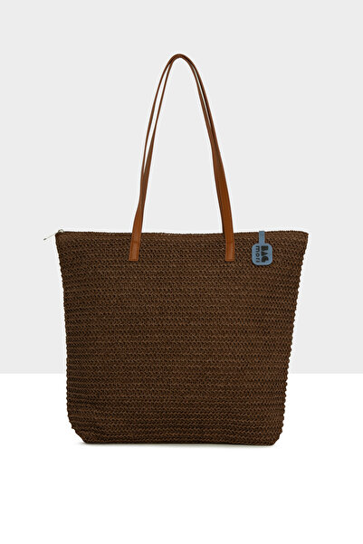 Bagmori Brown Women's Leather Strap Tote Straw Bag M000008772