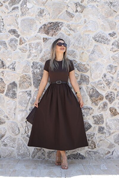 bytugcekaya Καφέ κοντομάνικο φόρεμα με ζώνη και φουσκωτή φούστα