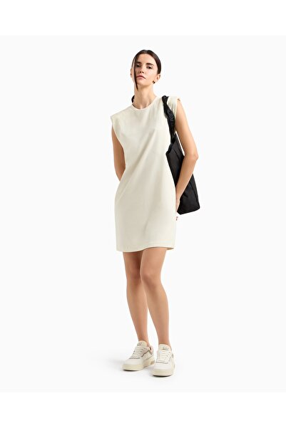 EA7 Γυναικείο ασημί φόρεμα με στρογγυλή λαιμόκοψη, βαμβακερό, με μεταλλική επ...